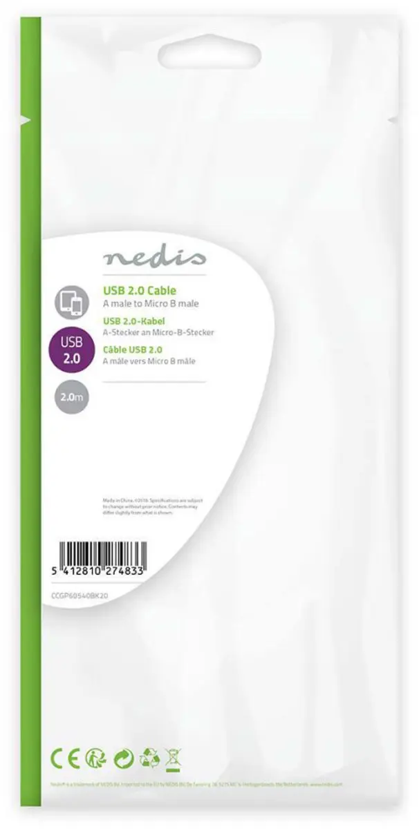 Nedis USB 2.0 A naar Micro-B Kabel 2m - Gekruld - Zwart - afbeelding 6 van 6