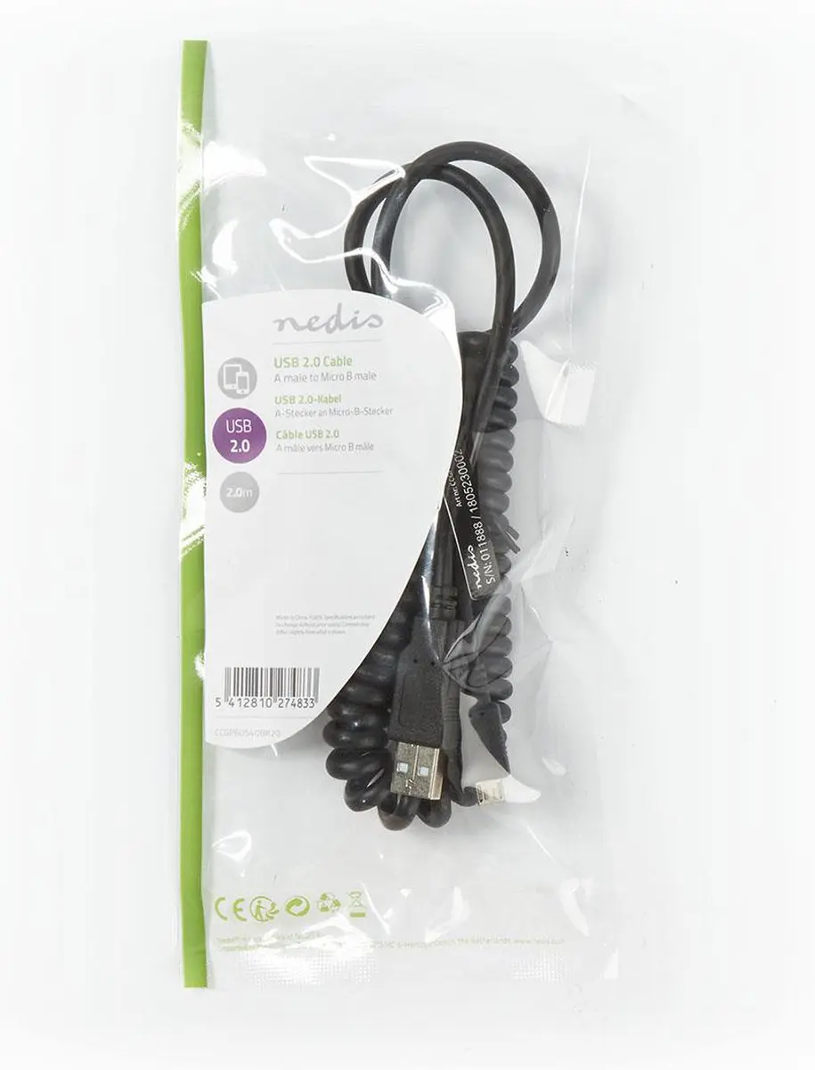 Nedis USB 2.0 A naar Micro-B Kabel 2m - Gekruld - Zwart