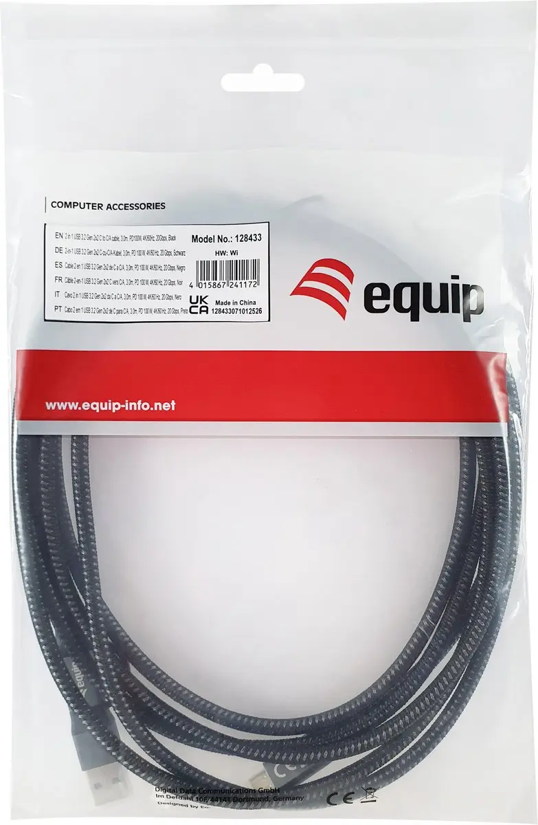 Equip 128433 USB-kabel USB 3.2 Gen 2x2 2m - USB A/USB C - Zwart