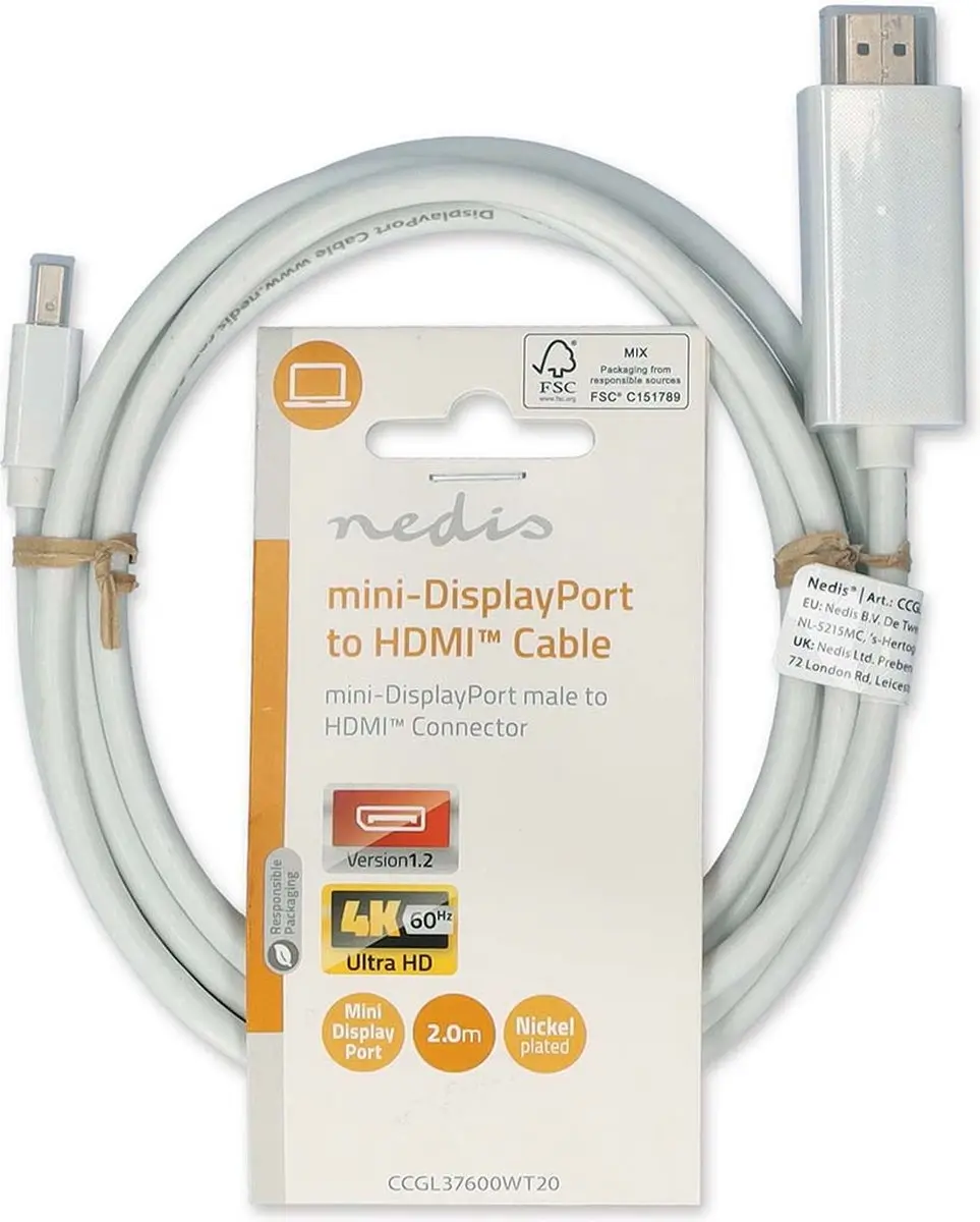 Nedis Mini DisplayPort naar HDMI Kabel 2m - Wit