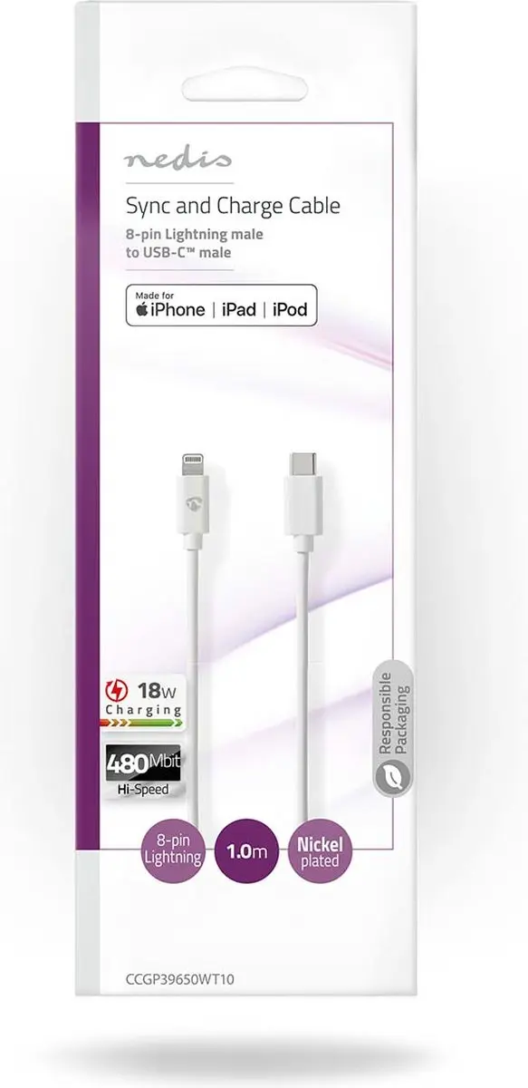 Nedis Lightning USB-C Kabel 1m - 480 Mbps - Wit