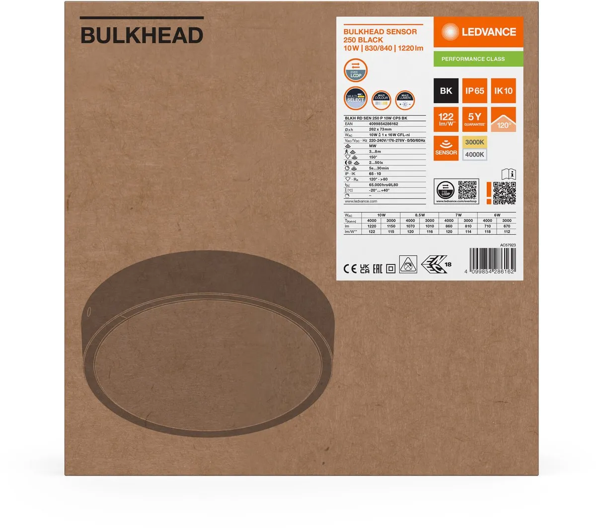 LEDVANCE Plafondlamp Rond 10W 1220lm - 26cm IP65 - Sensor - Donkergroen