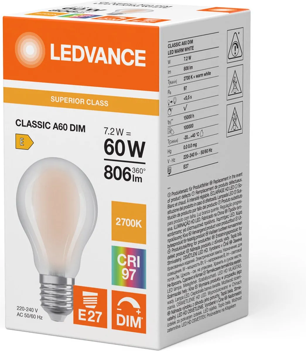 LEDVANCE Classic Superior E27 Peer Filament 7.2W 806lm - Mat - Zeer Warm Wit - afbeelding 5 van 5