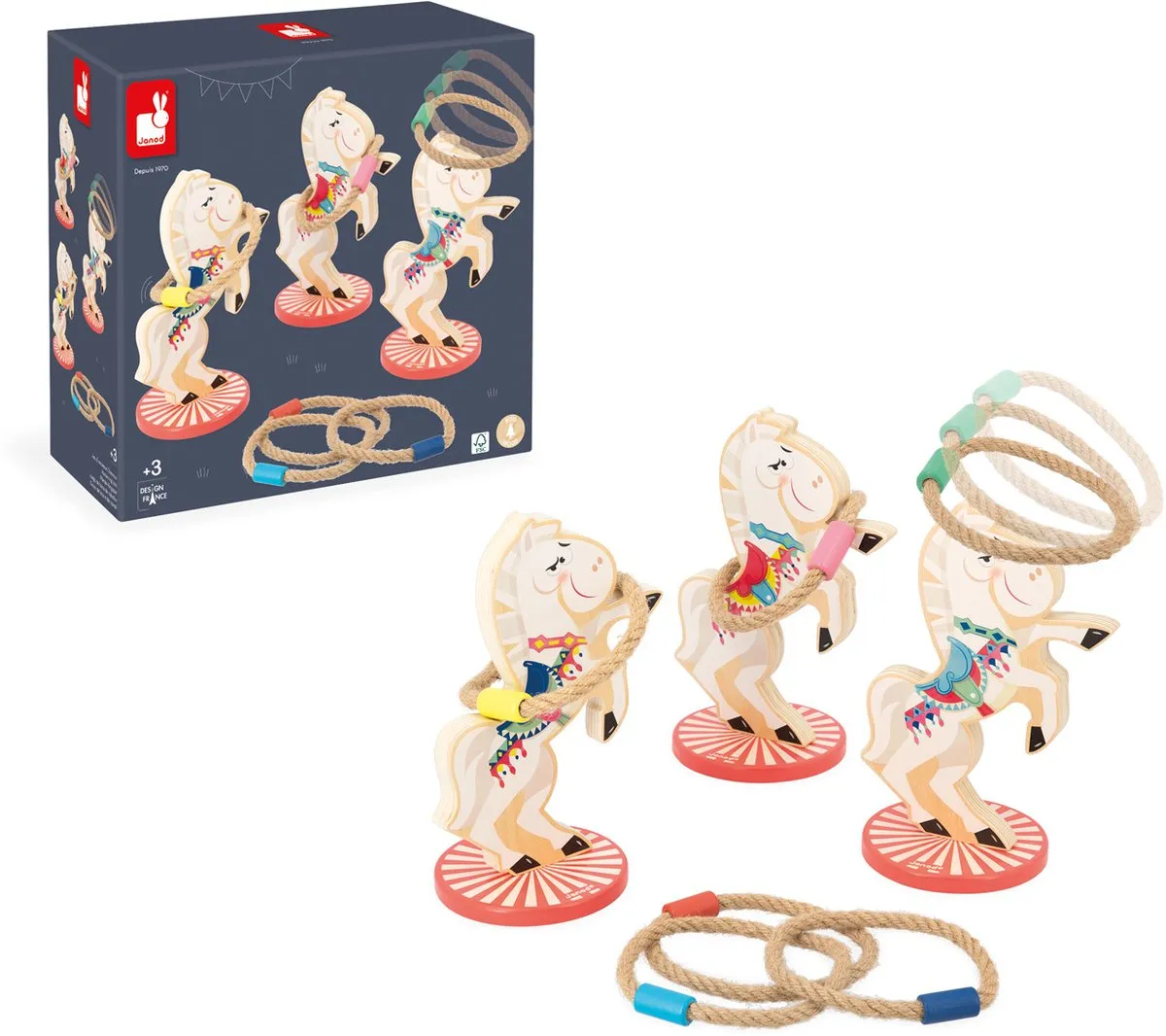 Janod Applepop Ringenspel Paarden - 3 Paarden 6 Touwen Multicolor
