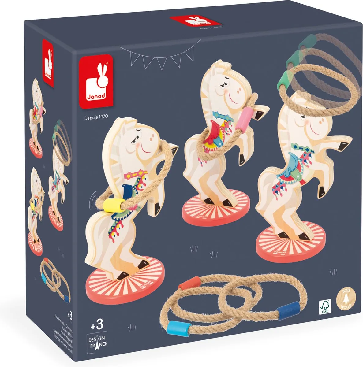 Janod Applepop Ringenspel Paarden - 3 Paarden 6 Touwen Multicolor