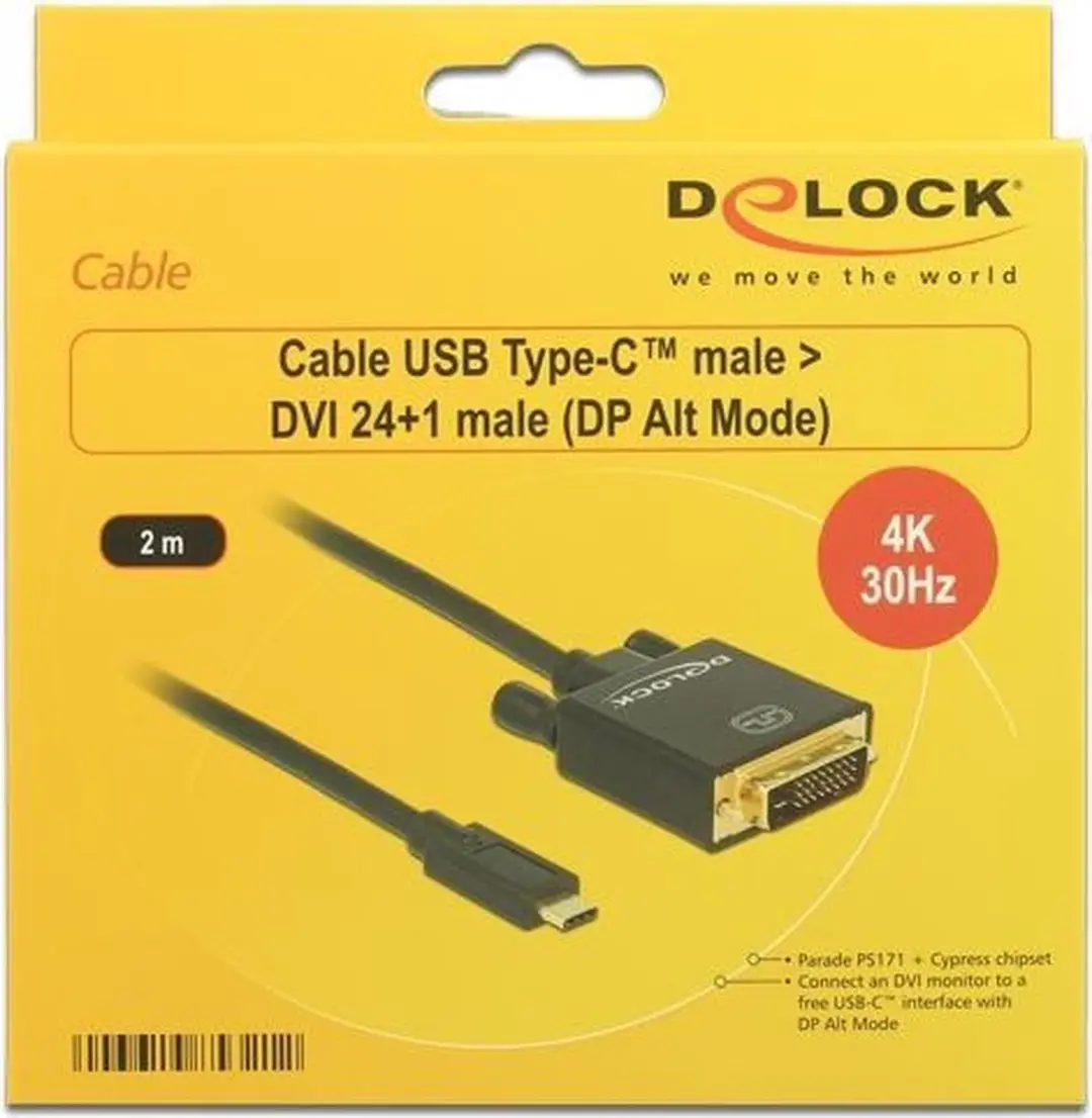 Delock USB-C naar DVI Kabel 4K 30Hz - 2m - Zwart