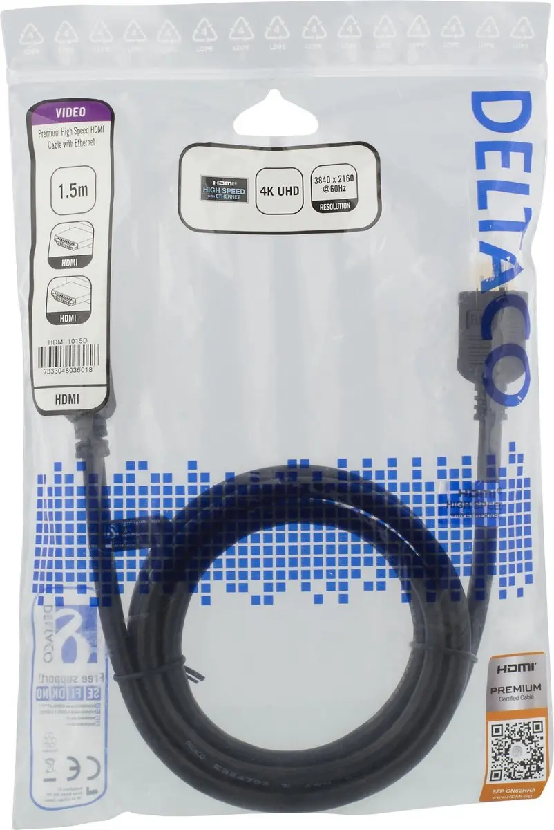Deltaco HDMI-1015D HDMI-kabel 4K/60Hz 1,5m - Zwart