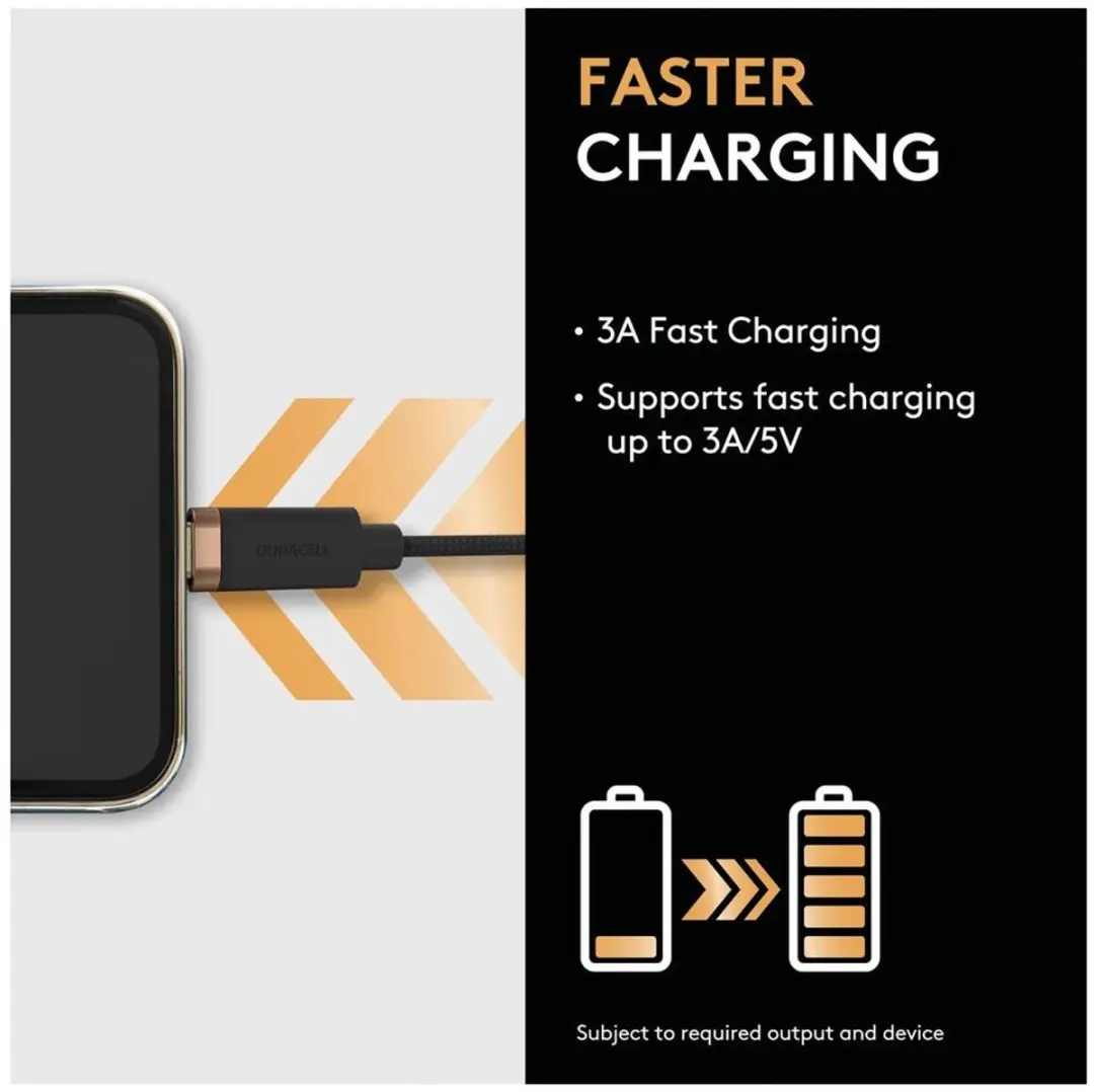 Duracell Toughened Kevlar USB-A naar Lightning Kabel 0.3m - 3A - Zwart