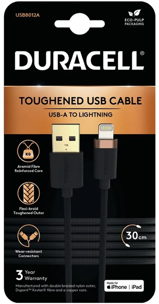 Duracell Toughened Kevlar USB-A naar Lightning Kabel 0.3m