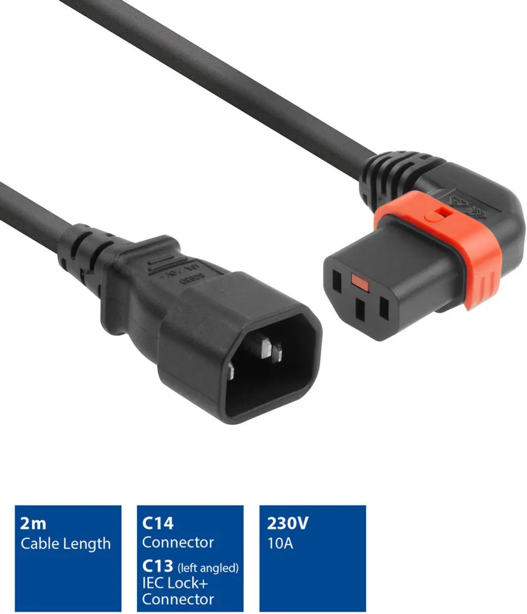 ACT PC2046 AK5271 Netsnoer C14-C13 Lock Links Haaks - 2m Zwart