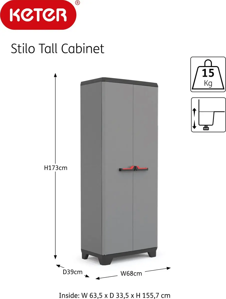 Keter Stilo Hoge Kast 68x39x173cm - 3 Planken - Donkergrijs/Zwart - afbeelding 5 van 6