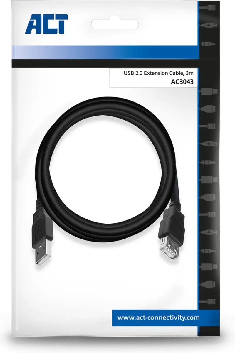 ACT USB 2.0 Verlengkabel A Male - A Female AC3043 - 3m - Zwart