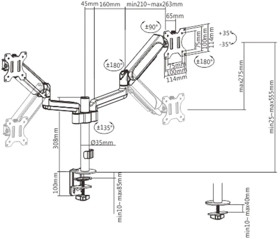 Gembird MA-DA2P-01 Monitorarm voor 2 Monitoren 17-32" - 9 kg - Zwart