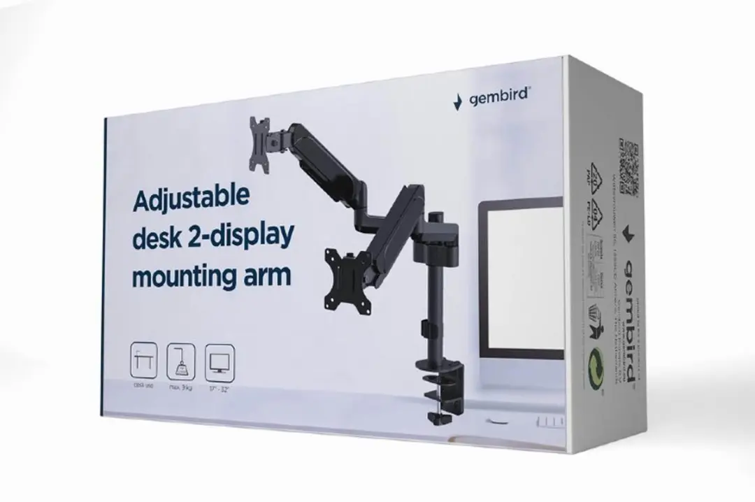 Gembird MA-DA2P-01 Monitorarm voor 2 Monitoren 17-32" - 9 kg - Zwart