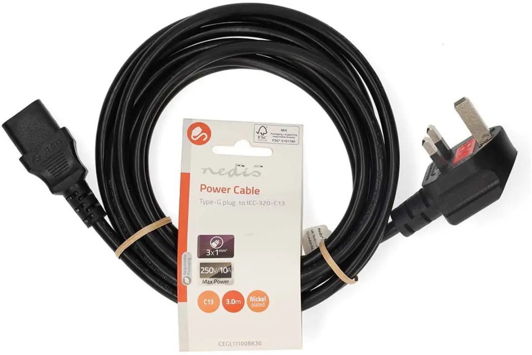 Nedis Stroomkabel CEGL11100BK30 UK Male IEC-320-C13 - 3m - Gehoekt - Zwart
