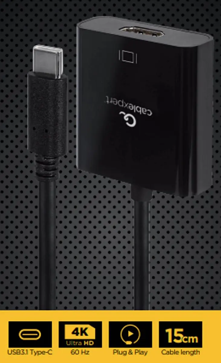 Gembird USB-C naar HDMI Adapterkabel 4K@60Hz 15cm - Zwart