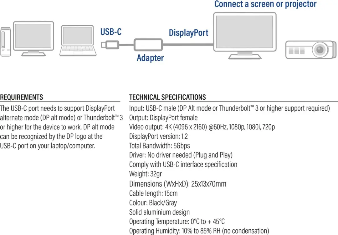 ACT AC7030 USB-C naar DisplayPort Adapter - Zilver