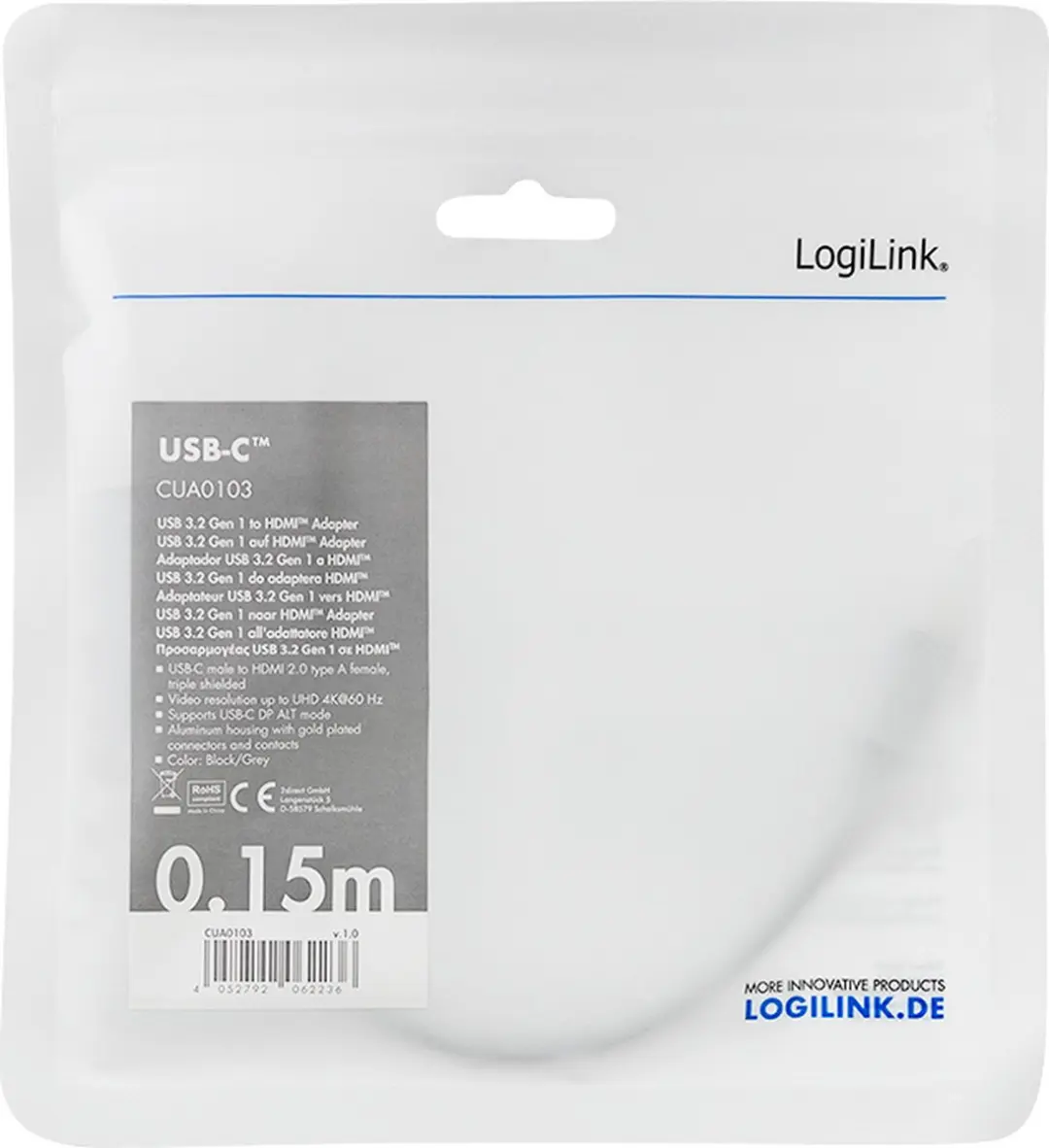 Logilink CUA0103 USB 3.2 Type-C naar HDMI-A Adapter - Zwart/Grijs