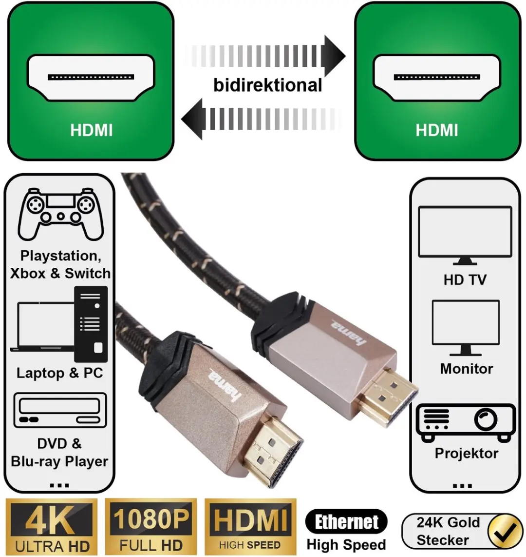 Hama HQ High-Speed HDMI-kabel 1,5m - 4K - Verguld - Zwart/Brons