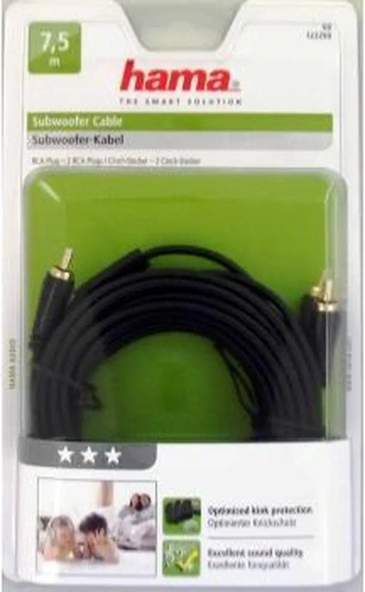 Hama Subwooferkabel 1x Cinch naar 2x Cinch 7.5m - Zwart