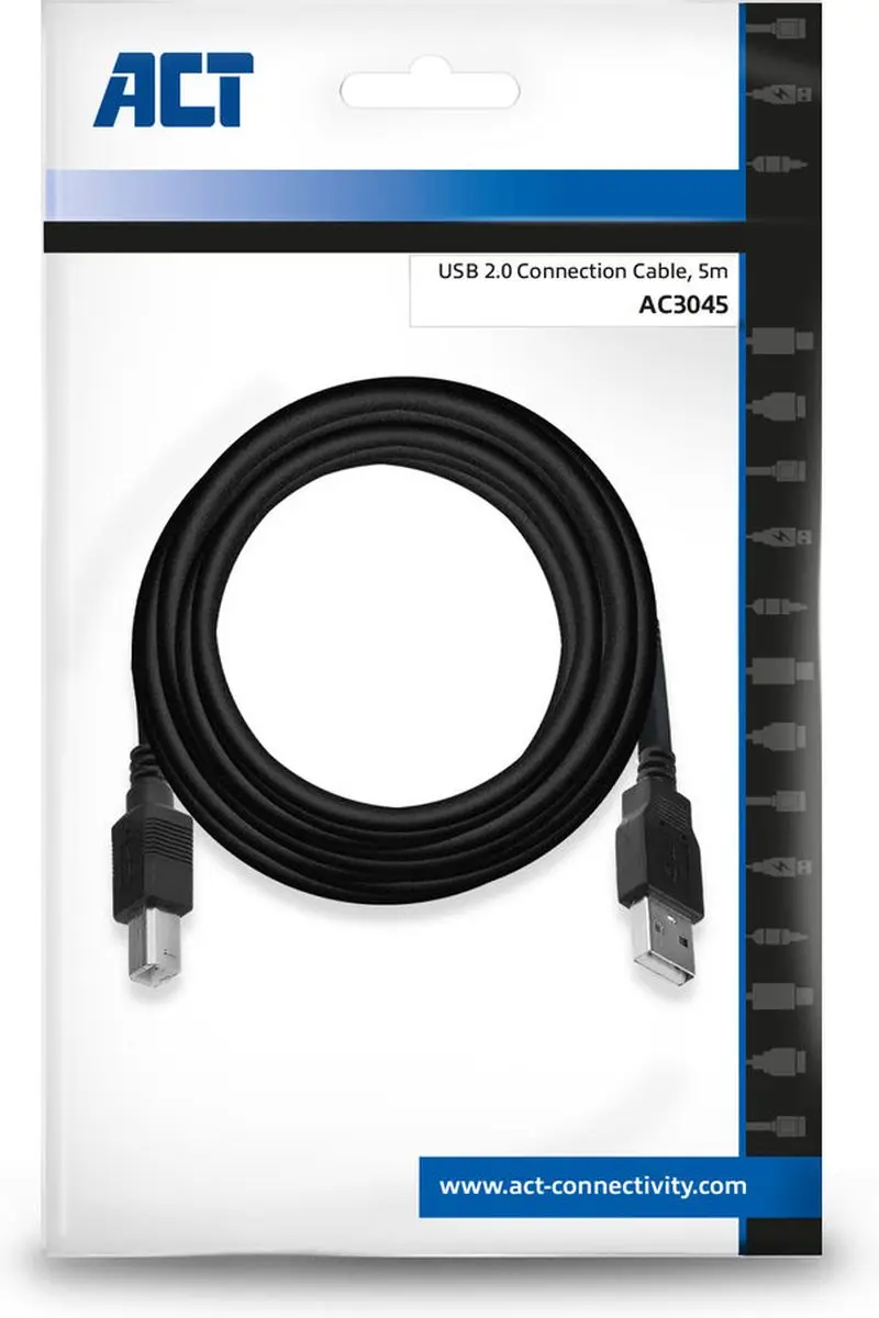 ACT AC3045 USB 2.0 Kabel A male - B male 5m - Zwart