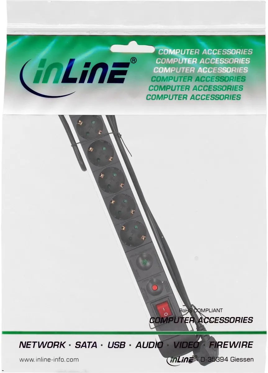InLine 16436A Contactdoos Aluminium - 6-voudig Zwart