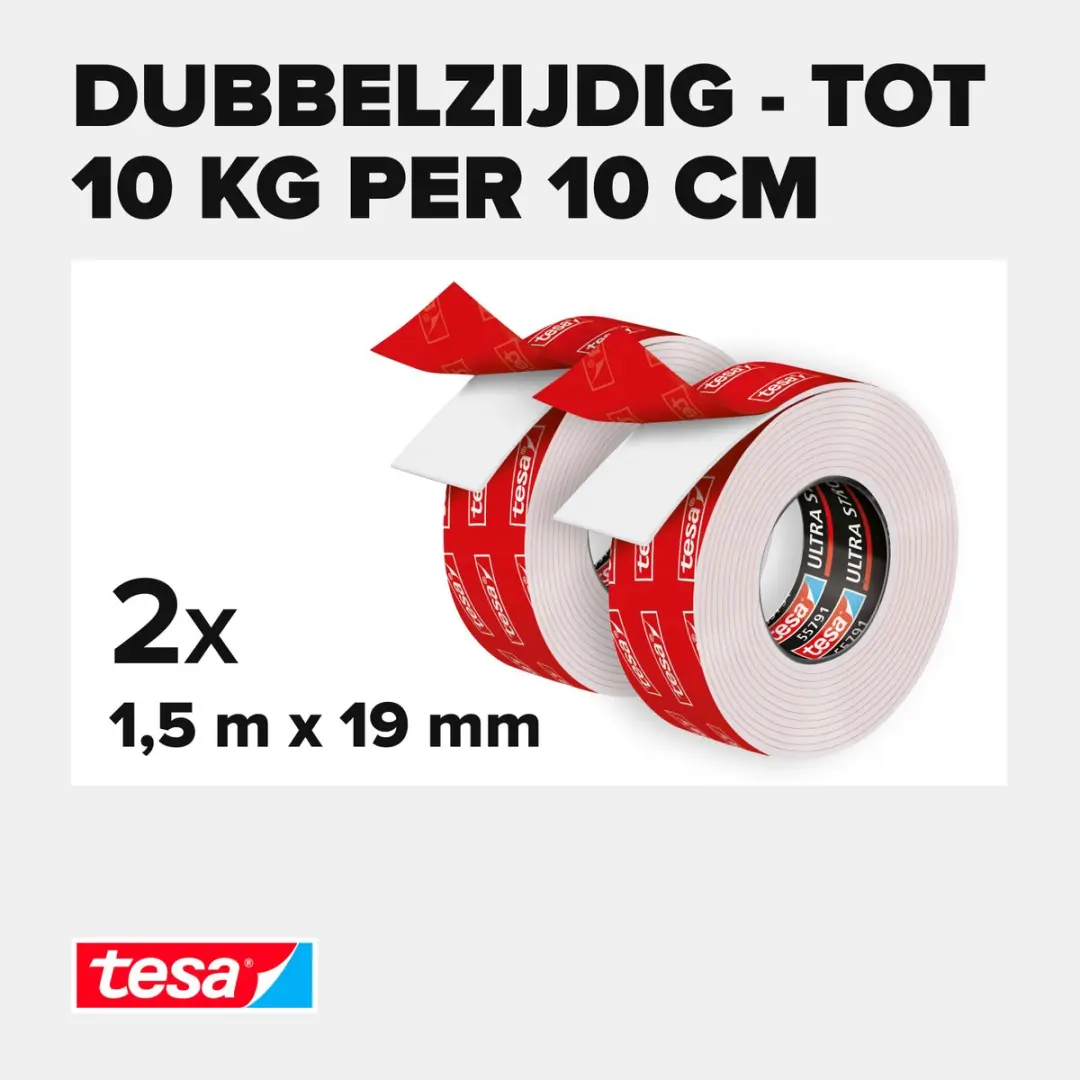 Tesa Powerbond Ultra Strong Dubbelzijdige Tape 2x 1,5m - 19mm - Wit