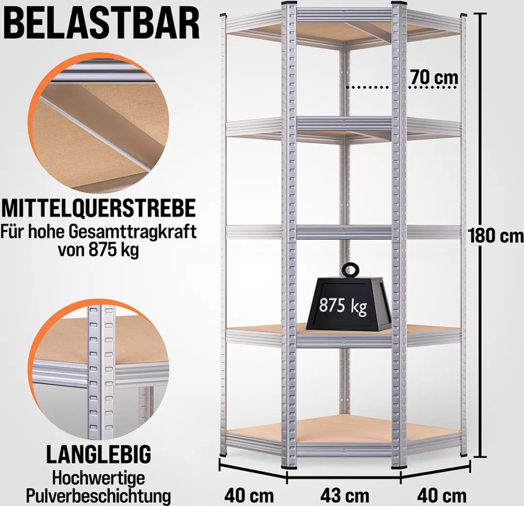Monzana Stellingskast Hoek 108550 - 5 Planken 180x70x40cm - 875kg