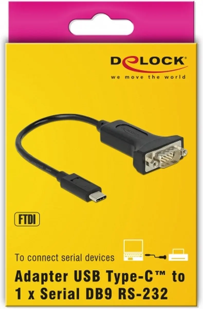 Delock USB-C naar RS232 Adapter 9-pins - 0,25m - FTDI Chip - Zwart