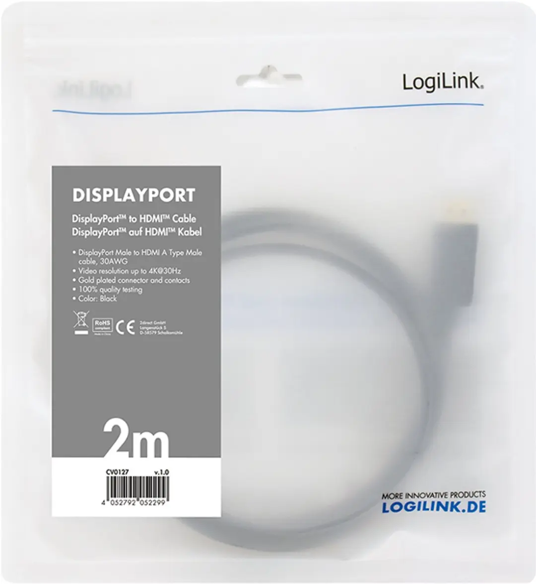 Logilink DisplayPort naar HDMI Kabel 4K/30Hz CV0127 - 2m - Zwart
