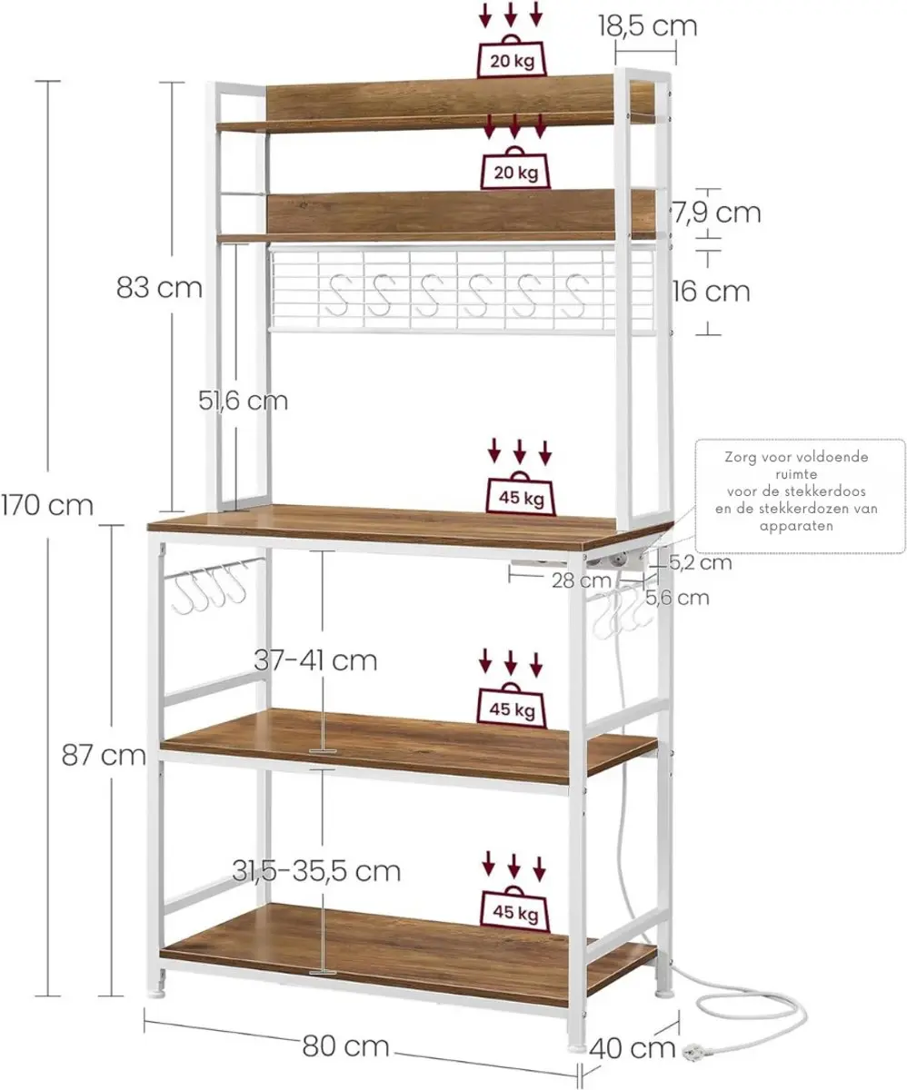 Songmics Keukenrek Baker's Rack 170cm - 5 Niveaus - Wit & Hout