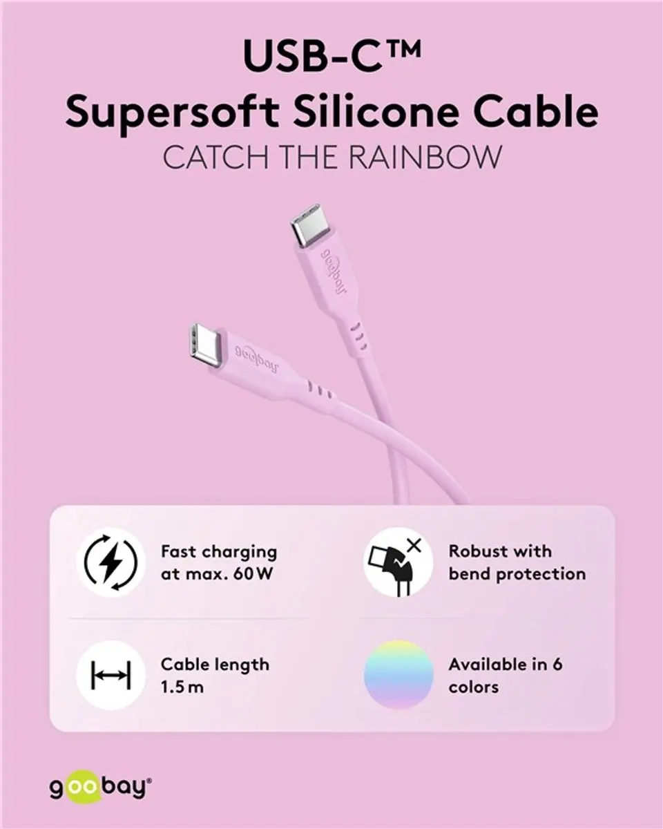Goobay USB-C Siliconen Kabel 60W 1,5m - Roze