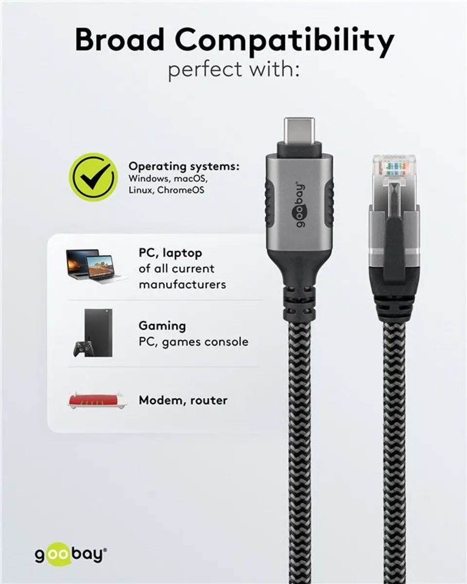 Goobay USB-C naar RJ45 Gigabit Ethernet Kabel 5m - Zwart/Grijs