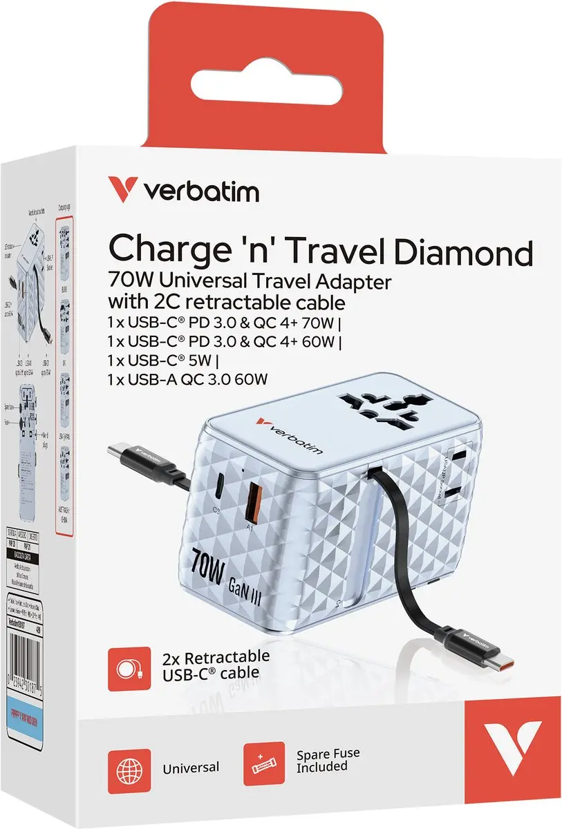 Verbatim Reisadapter EU/VK/VS Magsafe - 70W - Blauw