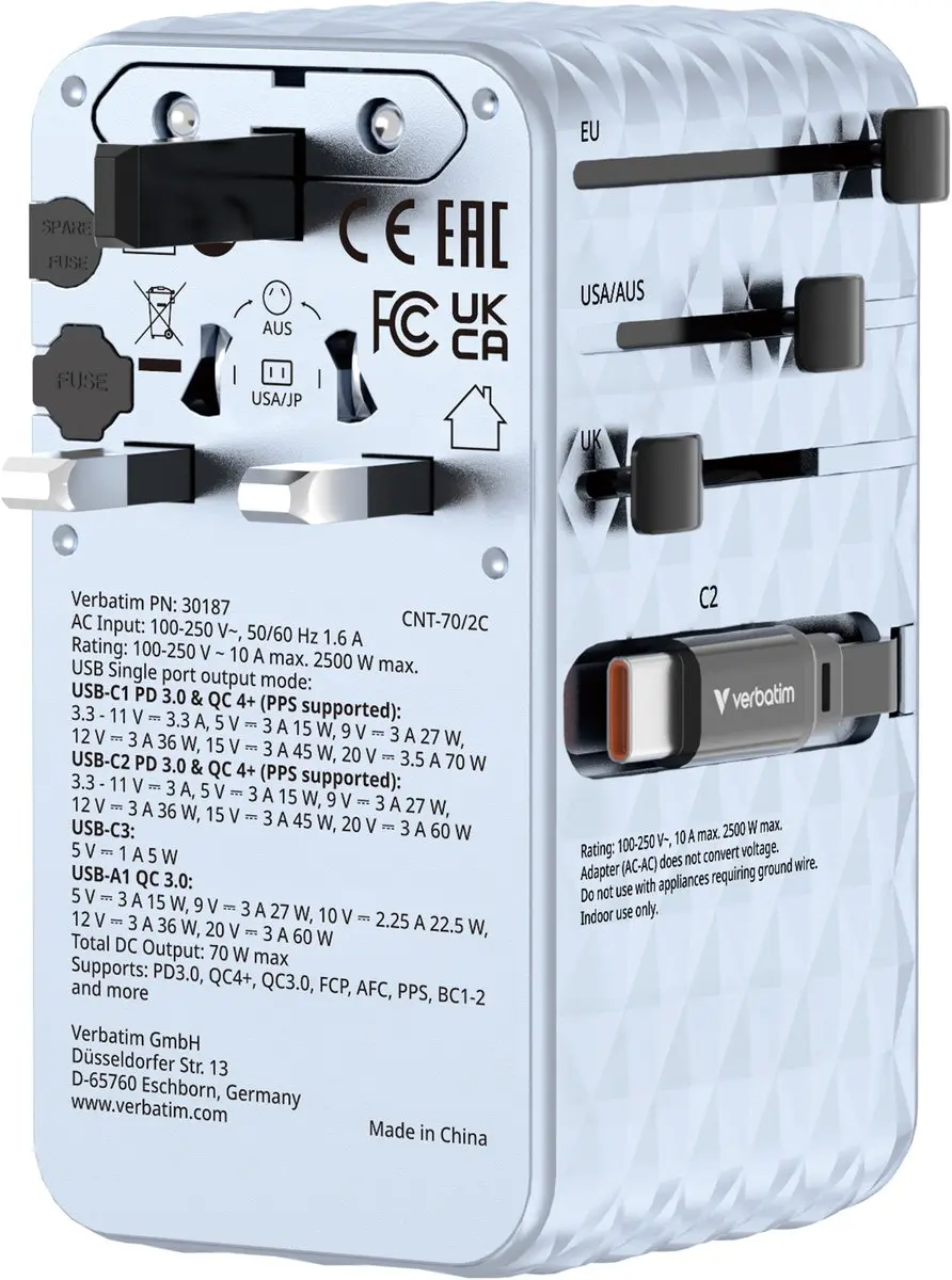 Verbatim Reisadapter EU/VK/VS Magsafe - 70W - Blauw