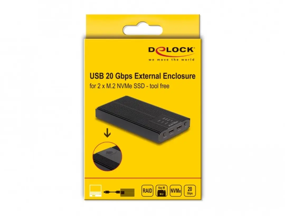 Delock 42022 USB-C M.2 NVMe Behuizing - 2x SSD - 20 Gbps - Zwart