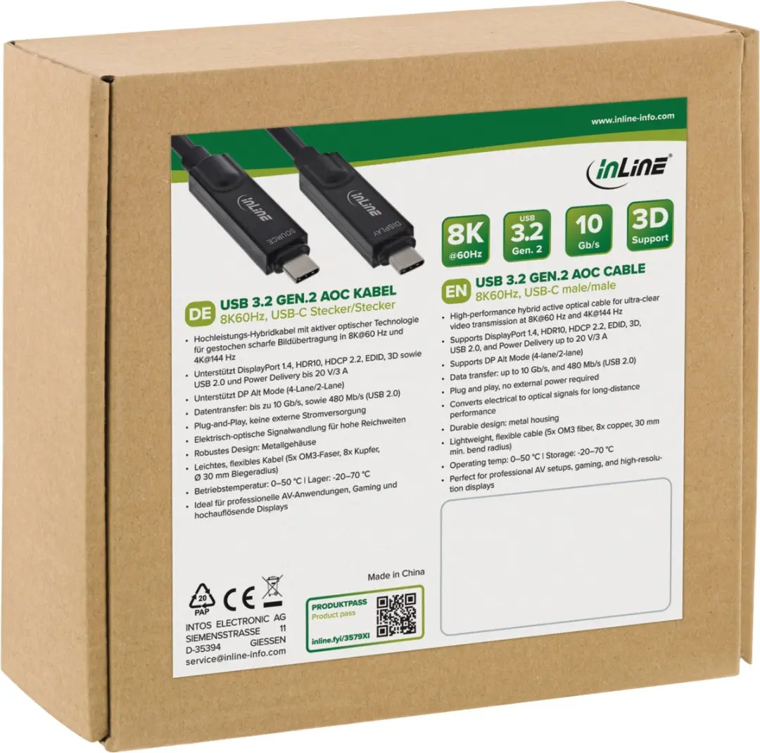 InLine USB-C AOC-kabel 8K60Hz 60W - 3m - Zwart