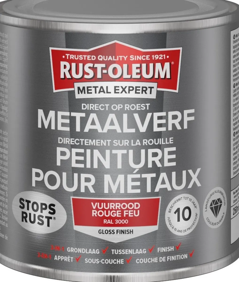 Rust-Oleum Metal Expert Direct Op Roest Metaalverf 250ml - RAL 3000 Rood