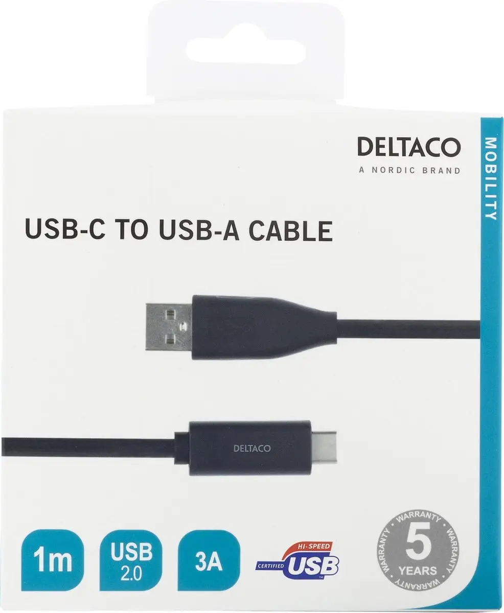 Deltaco USBC-1004M USB-C naar USB-A Kabel 1m - 3A - Zwart