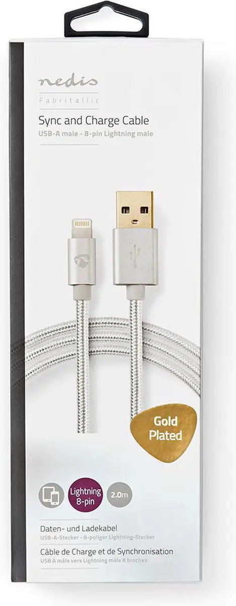 Nedis Lightning Kabel USB-A 2.0 2m - Aluminium - afbeelding 6 van 6