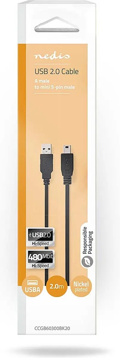 Nedis USB 2.0 Kabel A naar Mini-B 5-pins - 2m - Zwart