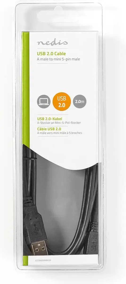 Nedis USB 2.0 Kabel A naar Mini-B 5-pins - 2m - Zwart