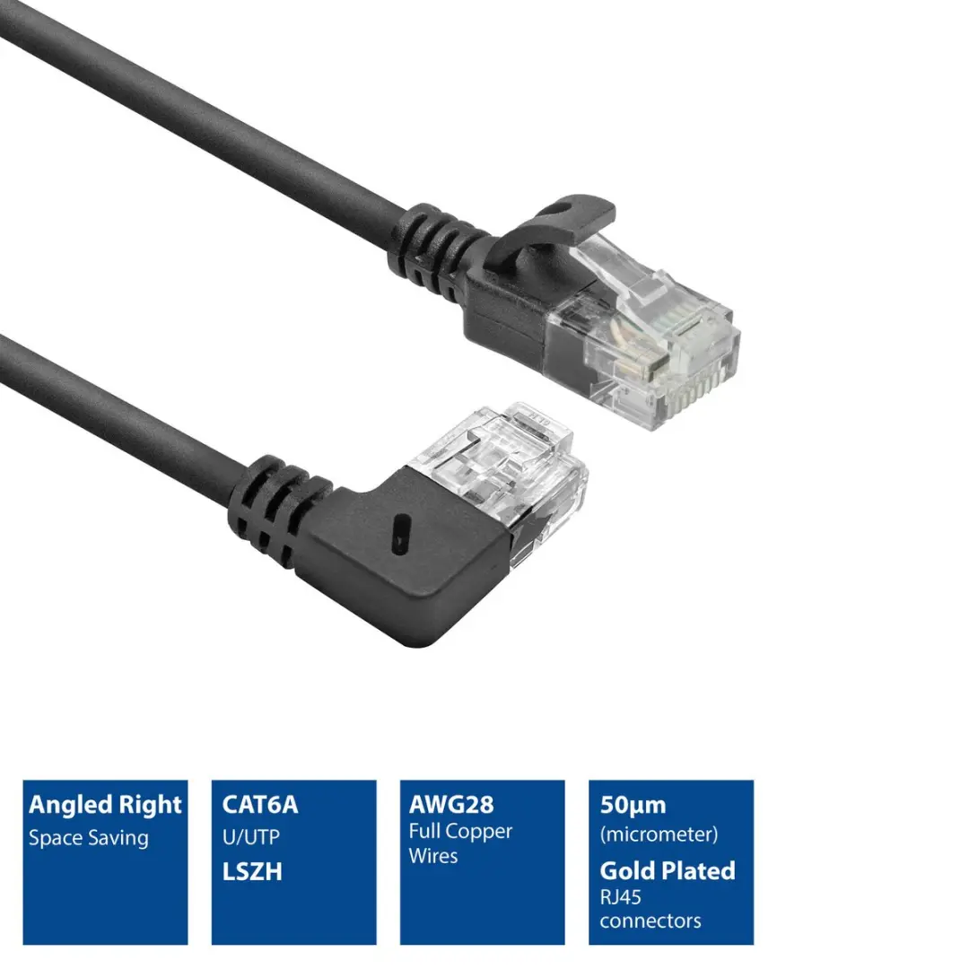 ACT DC2952 Patchkabel CAT6A U/UTP 0,25m - Zwart - RJ45 recht naar 90°