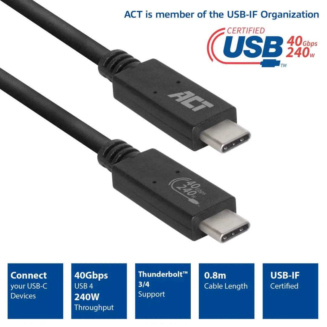 ACT Thunderbolt 4 Kabel AC7451 - USB4 40Gbps - 80cm - Zwart