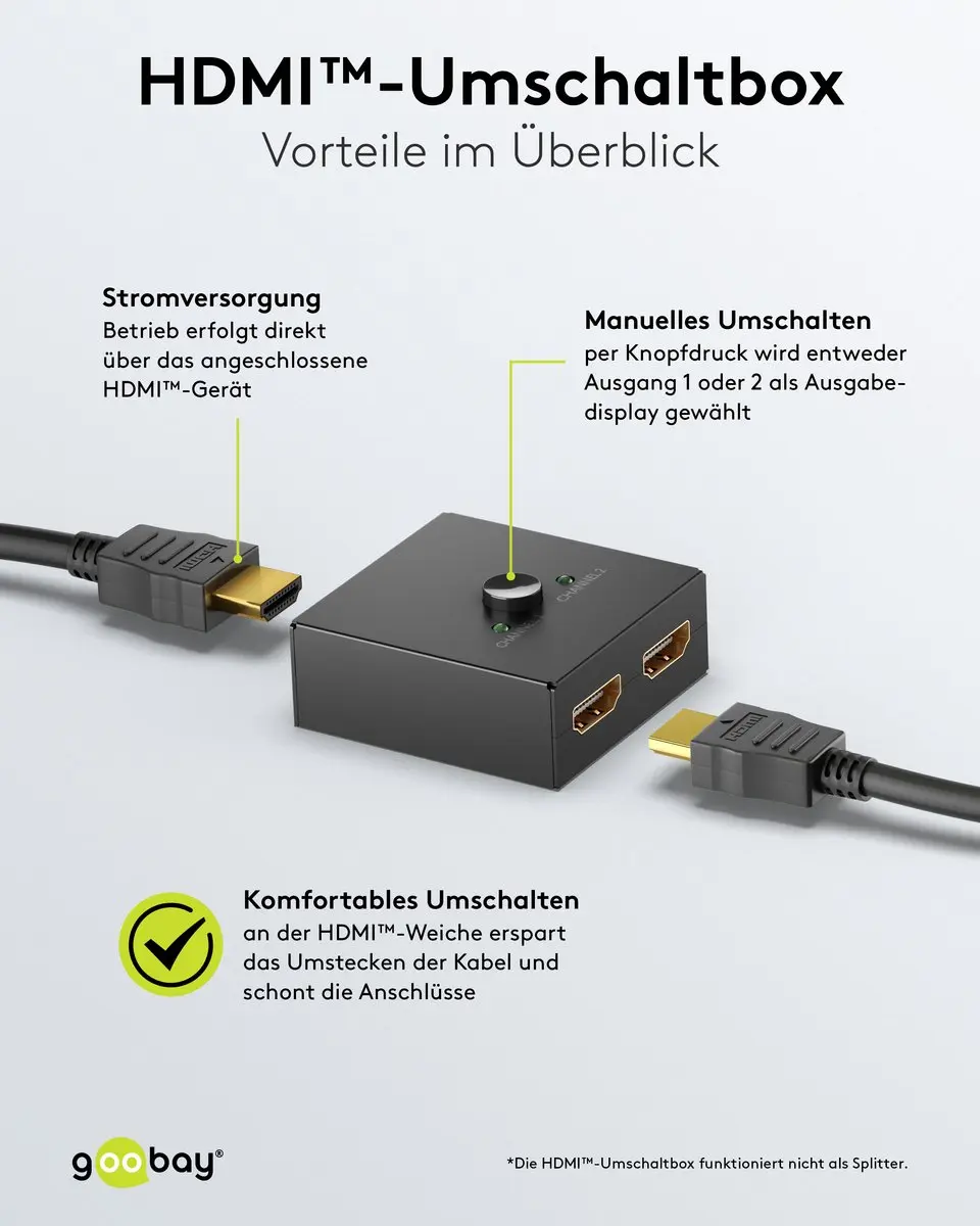 Goobay Bi-directionele HDMI Schakelaar 2 naar 1 - 4K 60Hz HDR - Zilver