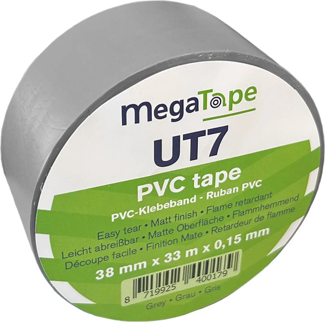 Kortpack Megatape UT7 PVC Isolatietape 38mm x 33m - 4 Rollen - Grijs - afbeelding 2 van 4
