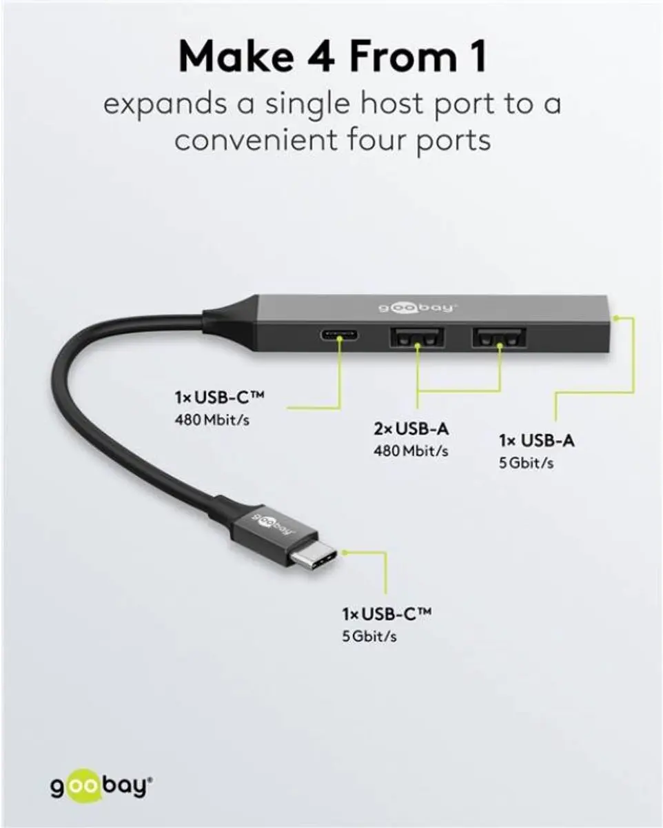 Goobay USB-C Hub 3x USB-A 1x USB-C USB 3.2 Gen 1 - 0,1m - Grijs