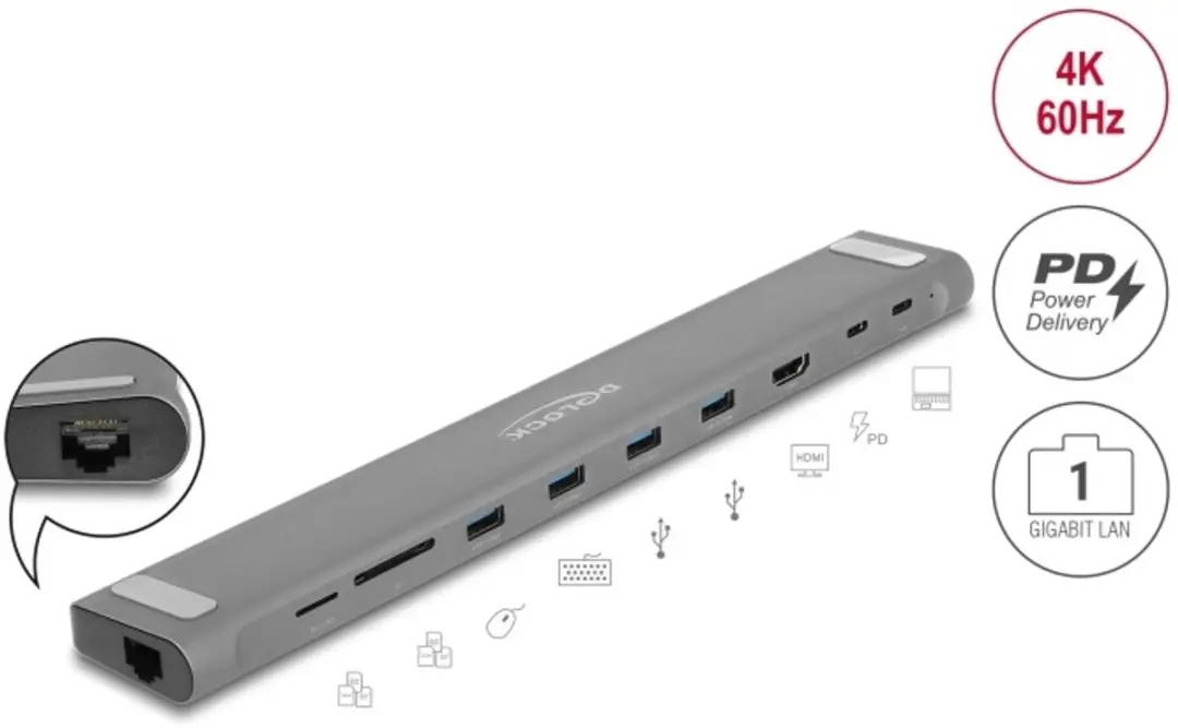 Delock USB Type-C Slim Docking Station 87895 - Zwart/Grijs