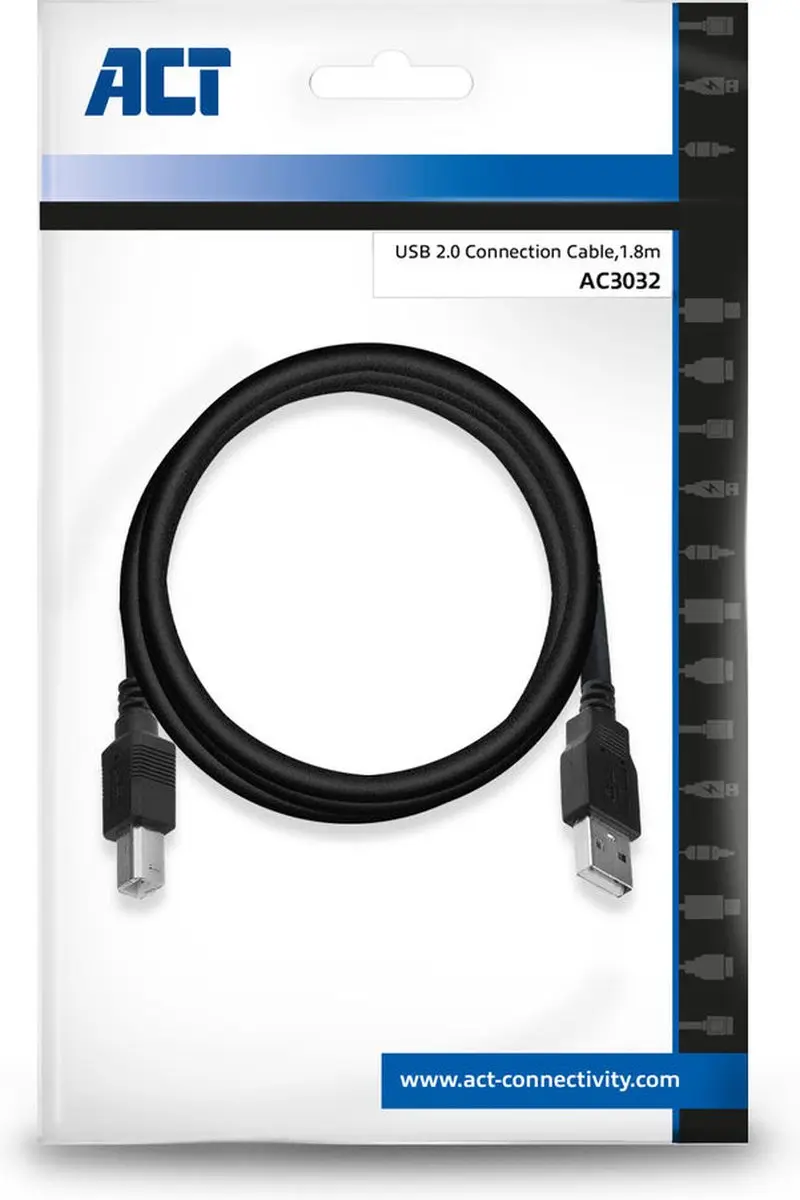 ACT AC3032 USB 2.0 Kabel A male - B male 1,8m - Zwart