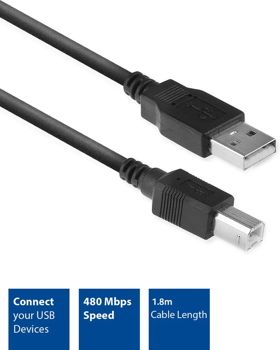ACT AC3032 USB 2.0 Kabel A male - B male 1,8m - Zwart